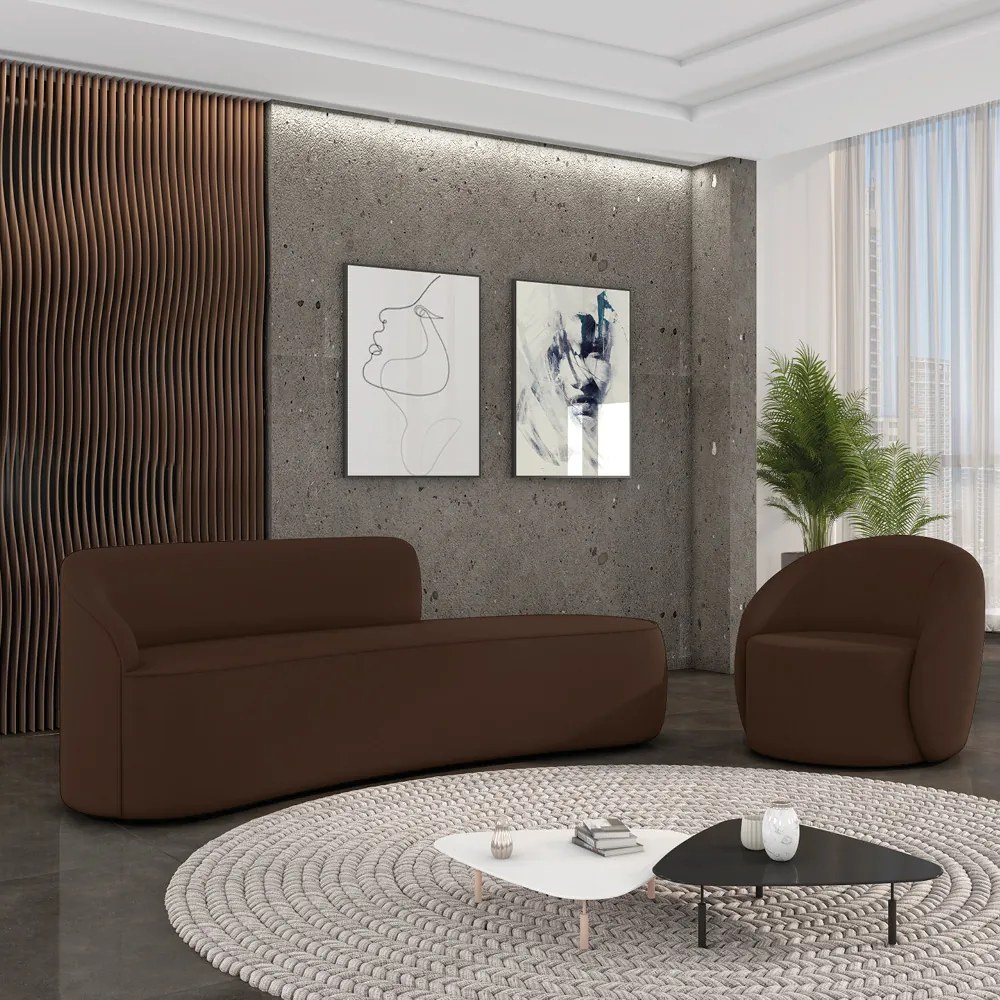 Sofá 4 Lugares Orgânico 220cm Morgan e Poltrona Lua Suede Marrom D03 - D'Rossi