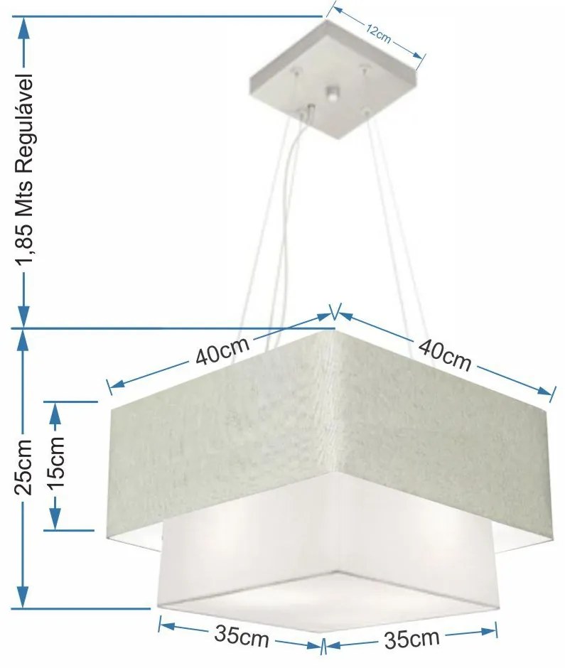 Lustre Pendente Duplo Quadrado Vivare Md-4157 Cúpula em Tecido 40x35cm Rustico Cinza / Branco - Bivolt
