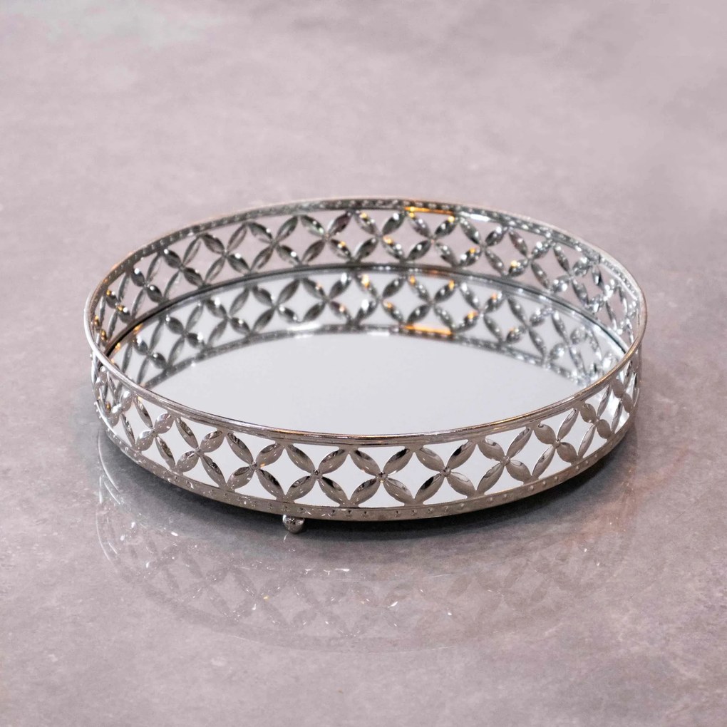 Bandeja Decorativa Redonda m Em Metal Prata Com Espelho 5x20 Cm - D'Rossi