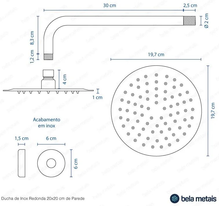 Ducha de Inox Redonda 20 cm de Parede (Dourada)