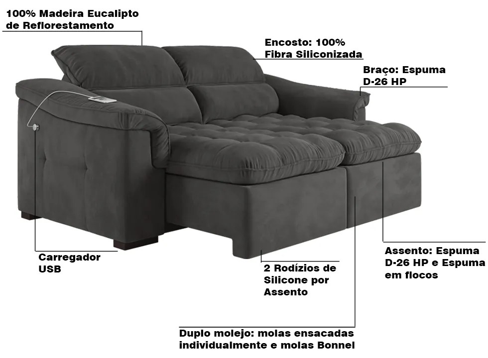 Sofá 2 Lugares Retrátil Com USB Para Sala de Estar Next 219cm Veludo Grafite G46 - Gran Belo