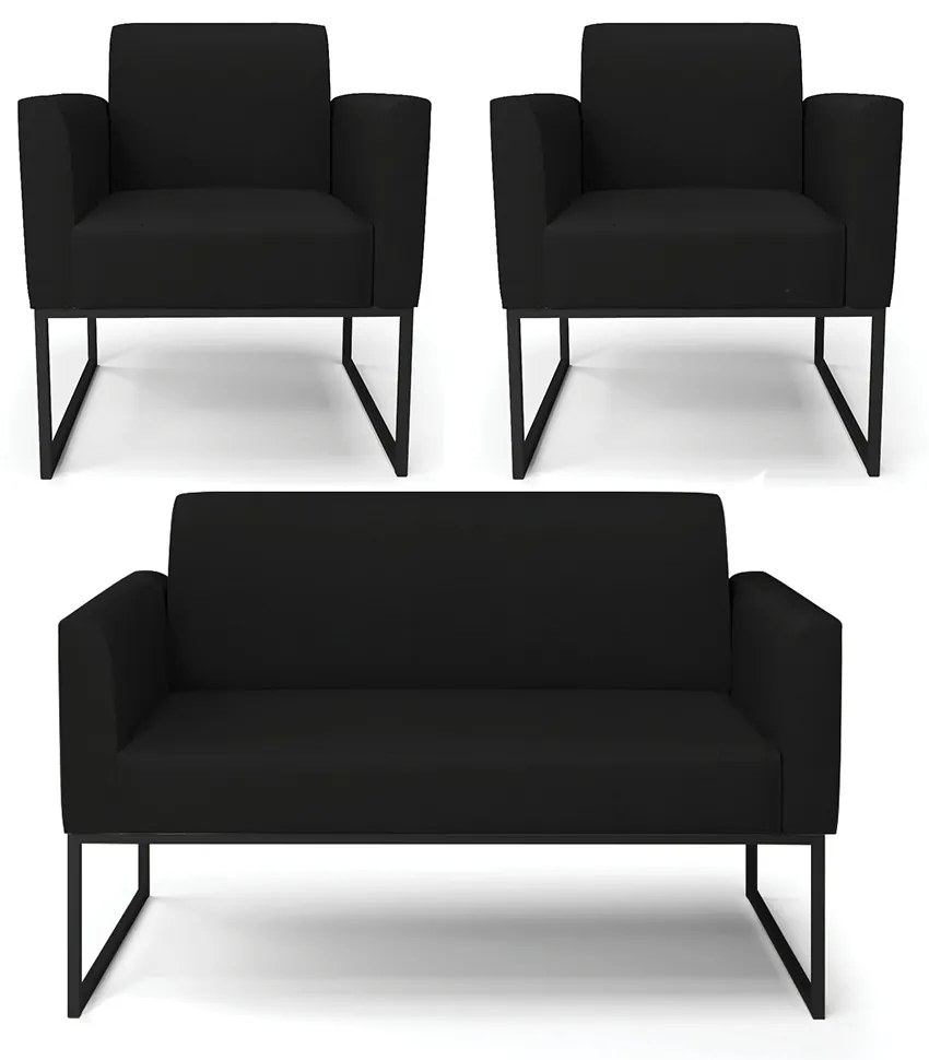 Sofá Namoradeira com 2 Poltronas Base Industrial Preto Marisa Linho Preto A79 D03 - DRossi