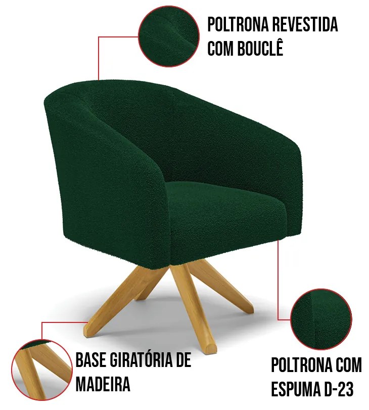 Poltrona Sala Decorativa Giratória Madeira Stella Bouclê D03 - D'Rossi - Verde