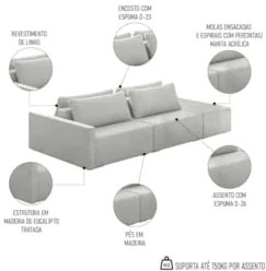 Sofá Ilha Modular com Puff para Sala Living 232cm Georgia Z08 Linho Ci