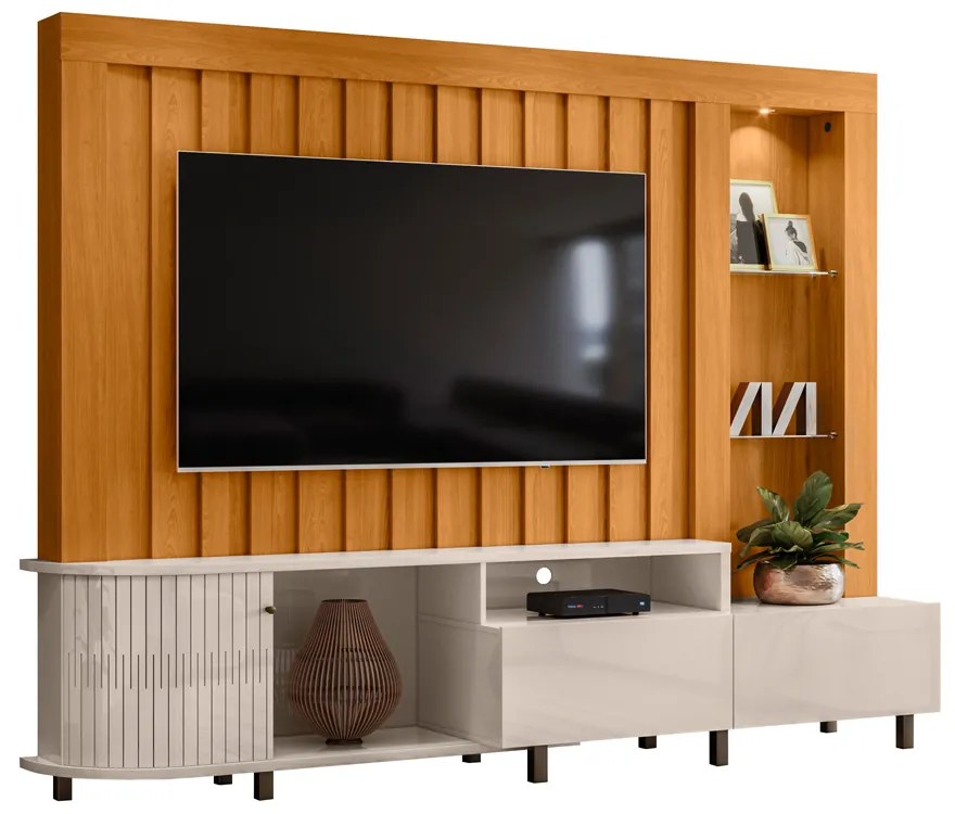 Estante de TV 70 Pol 243cm Ripado Sala de Estar Nivora Cinamomo/Off White M20 - D'Rossi