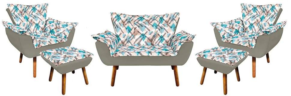 Kit 01 Namoradeira com 02 Poltronas e 02 Puffs Opala Composê Suede com Estampado Traçado Azul D33 Pés Palito Castanho - Marrom Rato