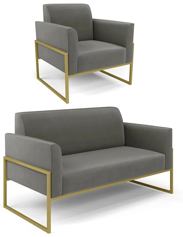 Sofá Namoradeira com Poltrona Base Industrial Alta Dourado Marisa Suede D03 - D'Rossi - Grafite