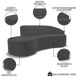 Sofá Living  3 Lugares 260cm Braço Direito Mozart D06 Veludo Cinza - M