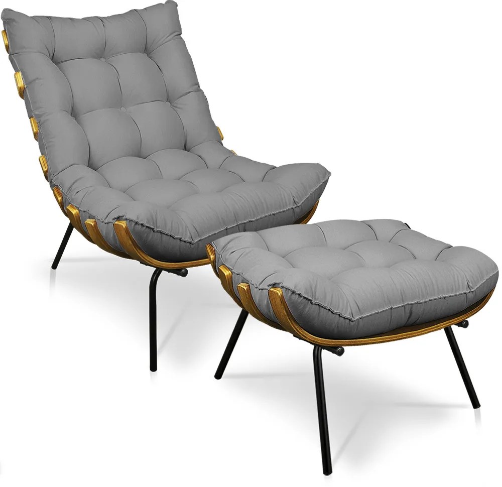 Kit 01 Poltrona e 01 Puff Costela Linho Base de Metal M11 - D'Rossi - A19 Grosso Bege