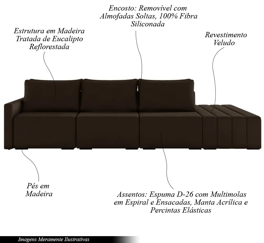 Sofá Ilha Modulado Milos 312cm Puff Lateral Veludo Marrom G33 - Gran Belo