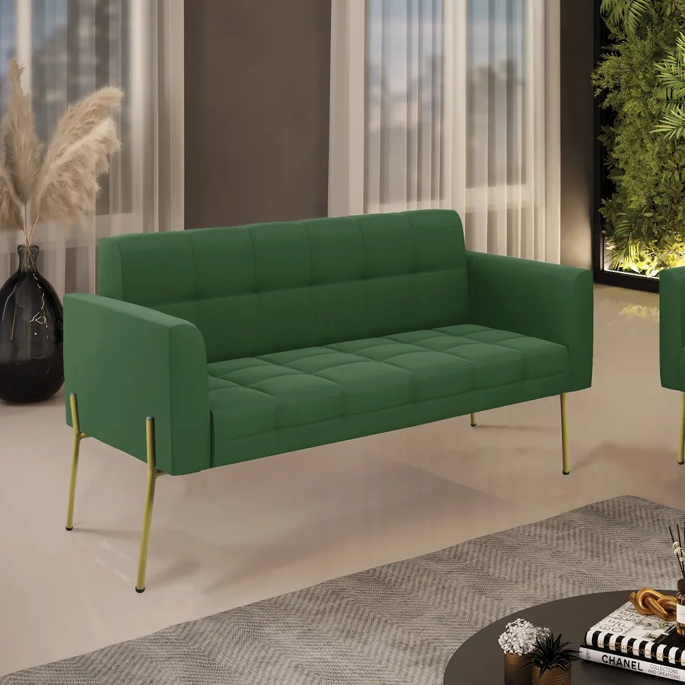 Sofá Namoradeira 2 Lugares Pé de Ferro Dourado Elisa Suede D03 - D'Rossi - Verde