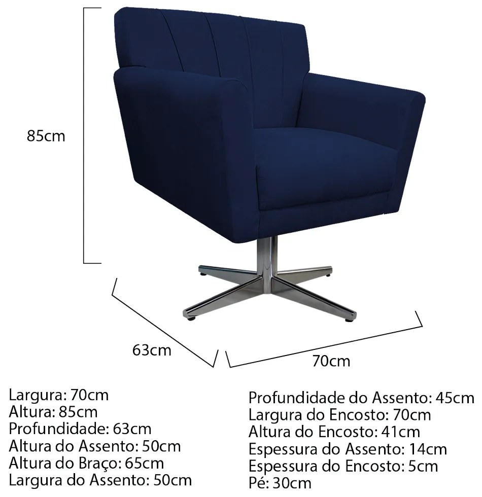Poltrona Laura Base Giratória de Metal Suede Azul Marinho - ADJ Decor