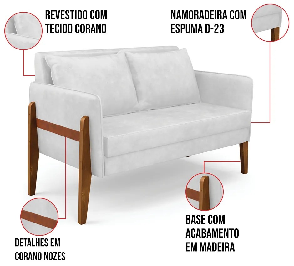 Sofá Namoradeira Lana Corano Base de Madeira D03 - D'Rossi - Branco