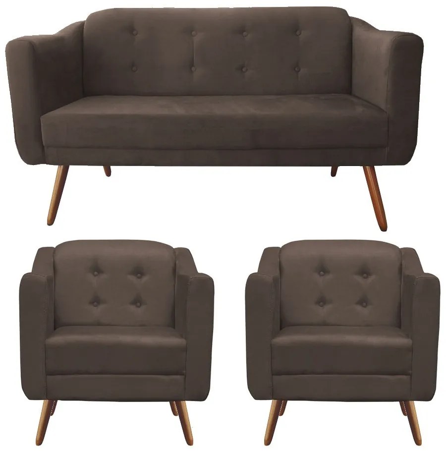 Kit Namoradeira + 2 Poltronas Bruna Pé Palito Suede Marrom