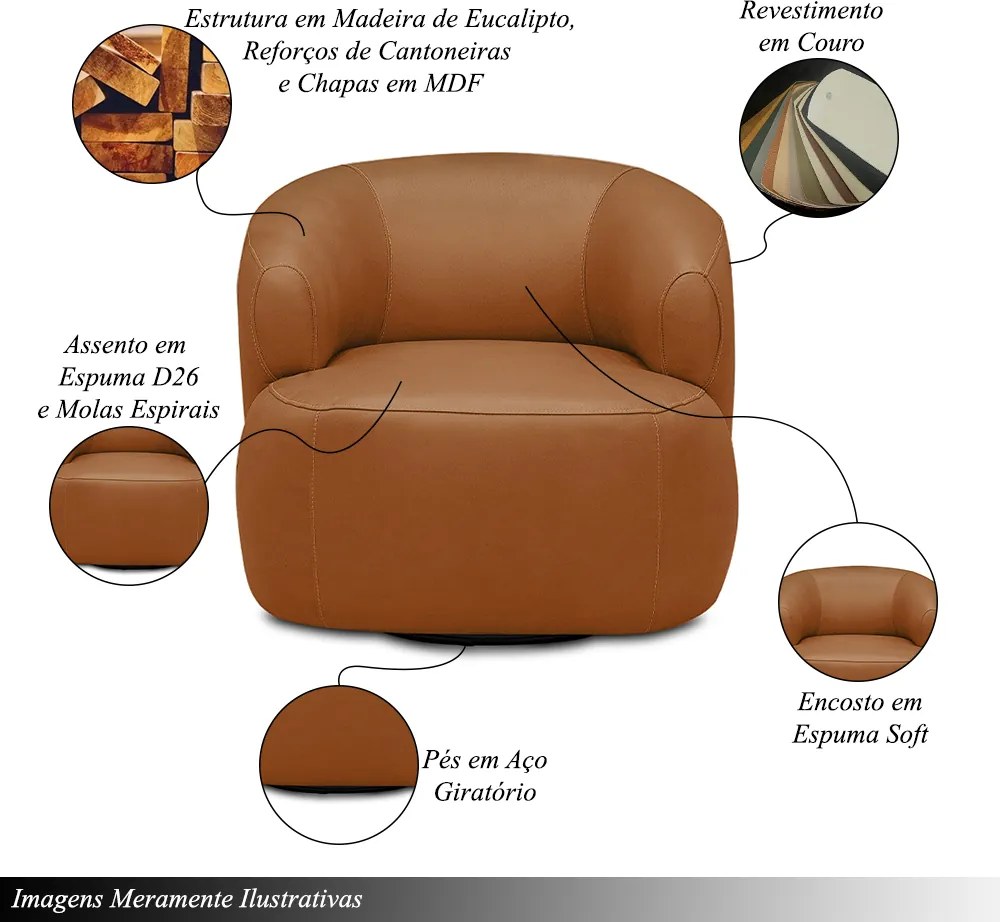 Poltrona Decorativa Verona Sala de Estar Base Giratória em Aço Couro Conhaque G88 - Gran Belo