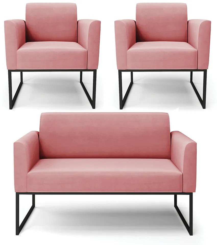 Sofá Namoradeira com 2 Poltronas Base Industrial Preto Marisa Suede D03 - D'Rossi - Rose