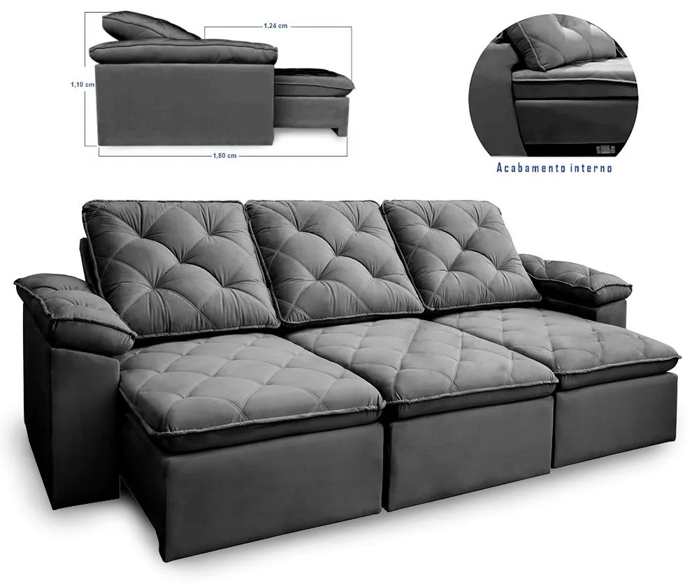 Sofá Reclinável Retrátil 3 Lugares 290cm Verus Veludo Cinza Grafite - Sheep Estofados - Cinza
