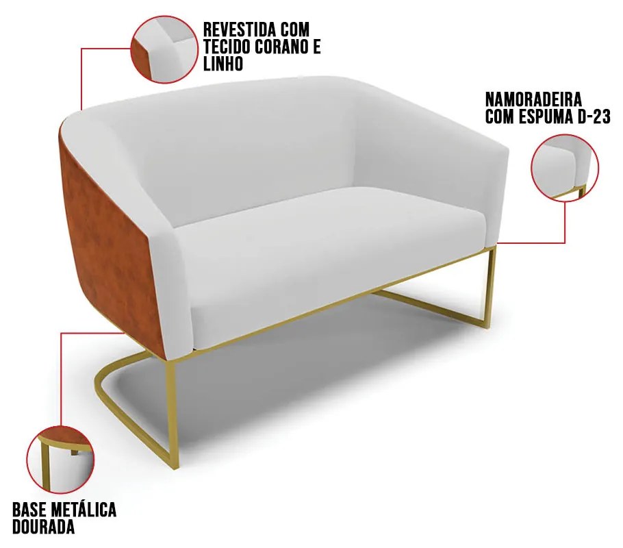 Namoradeira e 2 Poltronas Industrial Dourado Stella Noz/Linho D03 - D'Rossi - Cinza