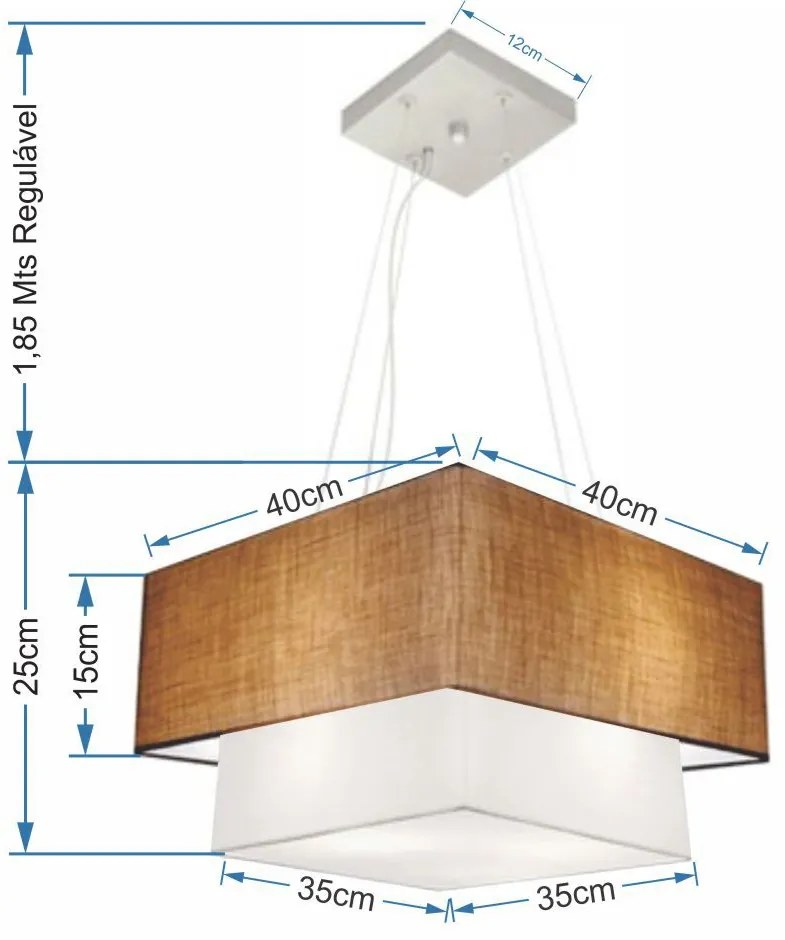 Lustre Pendente Duplo Quadrado Vivare Md-4157 Cúpula em Tecido 40x35cm Palha / Branco - Bivolt