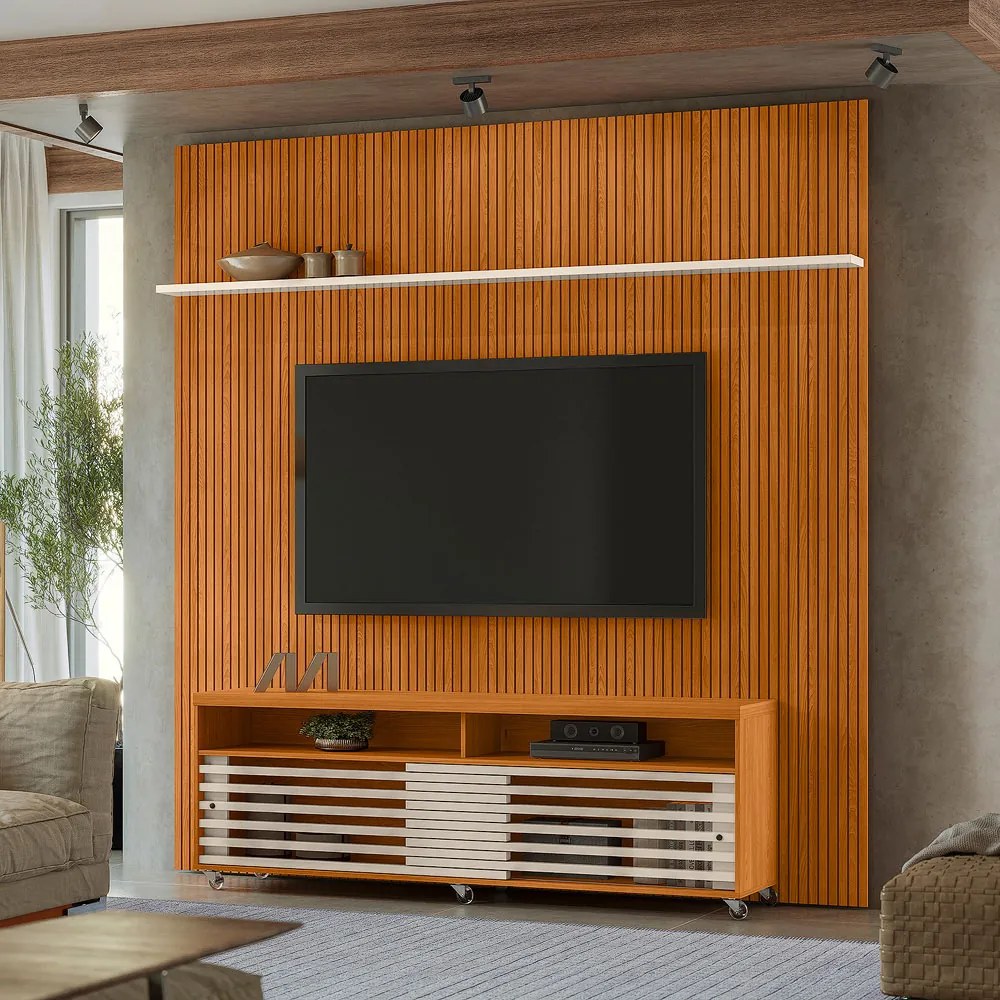 Painel TV 75 Pol 238cm Ripado Kalven com Rack Bancada Nerion M20 - D'Rossi - Cinamomo(fosco)/Off White(brilho)