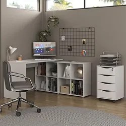 Mesa Escrivaninha em L Eron e Gaveteiro com Rodízios Mity A06 Branco -