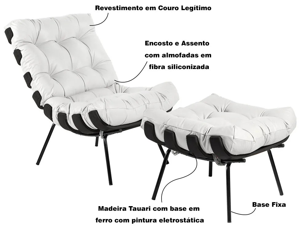 Poltrona e Puff Decorativos Sala de Estar Costela Base Preta Couro Branco G34 - Gran Belo