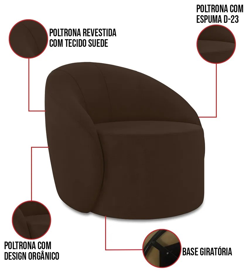 Poltrona Decorativa Orgânica Giratória Kit 2 Lua Suede D03 - D'Rossi - Marrom