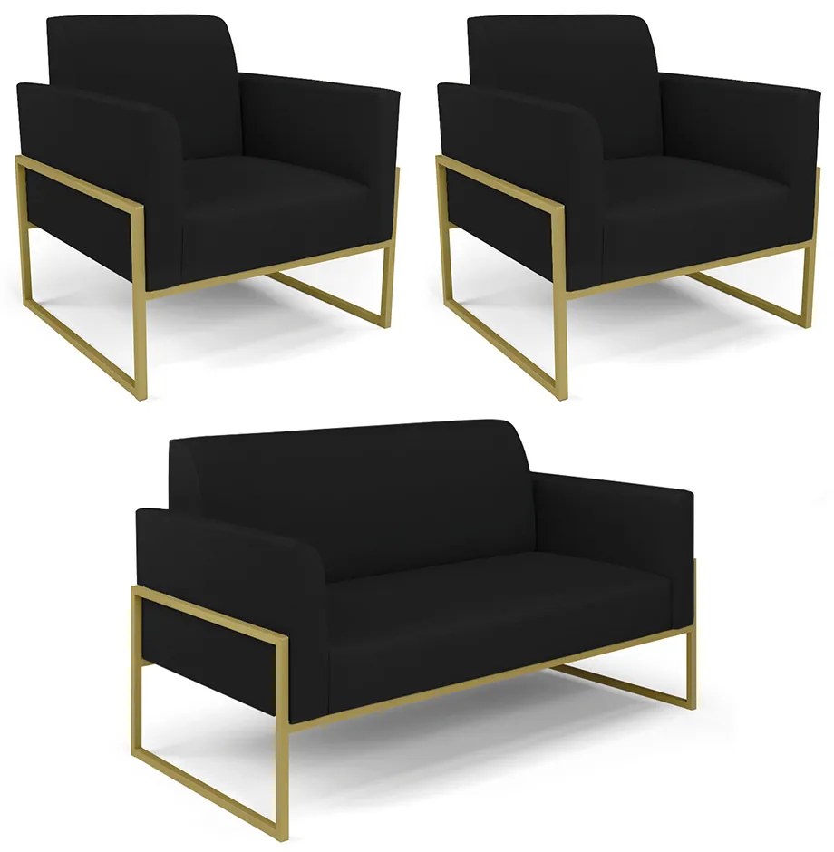 Sofá Namoradeira com 2 Poltronas Base Industrial Alta Dourado Marisa Linho D03 - D'Rossi - A79 Preto