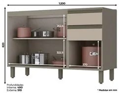 Balcão Gabinete Para Pia 120cm 2 Portas 3 Gavetas Sem Tampo Connect Du