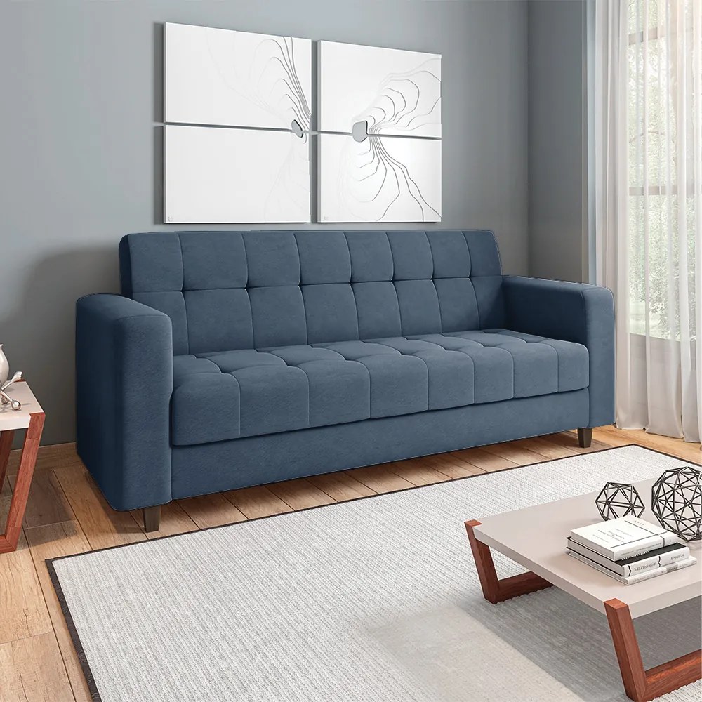Sofá 03 Lugares Arezzo Suede Azul Marinho Pés Chanfrado Tabaco - D'Rossi
