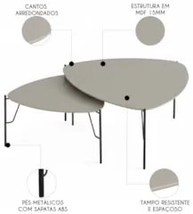 Mesa de Centro Para Sala Pés Metálicos Kit 2 Blen Grigio/Preto I06 - M
