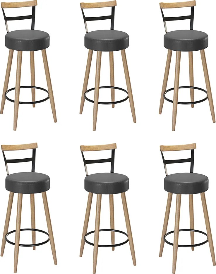 Banqueta Alta Cozinha 70cm Encosto Pé Madeira Kit 6 Kyara Pu S02 - D'Rossi - Preto