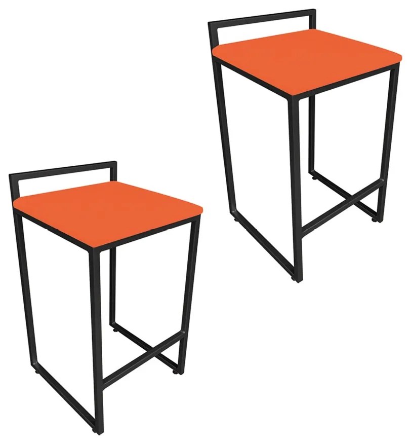 Conjunto 02 Banquetas Alta Lavinia Suede Base Preto - Laranja