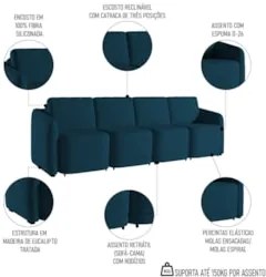 Sofá Cama Casal para Sala 396cm Polska Z08 Veludo Azul - Mpozenato