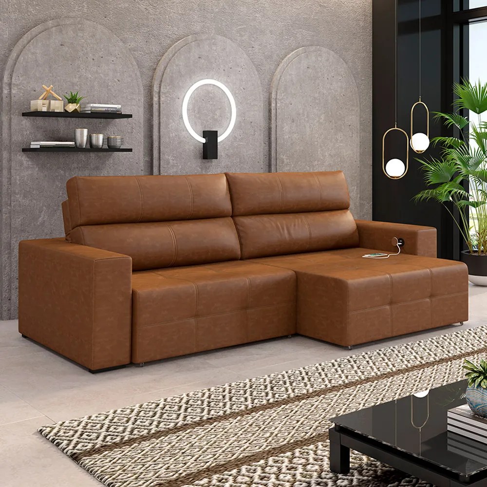 Sofá Retrátil 4 Lugares 264cm 2 Módulos Nero com USB Couro Manchado Claro G52 - Gran Belo