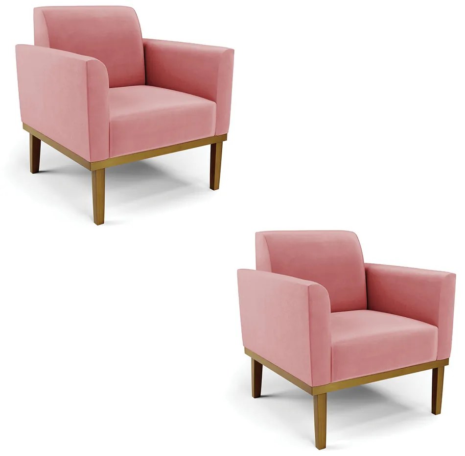 Kit 2 Poltronas Decorativas Isabella Pés Fixo em Madeira Castanho Suede Rose G19 - Gran Belo