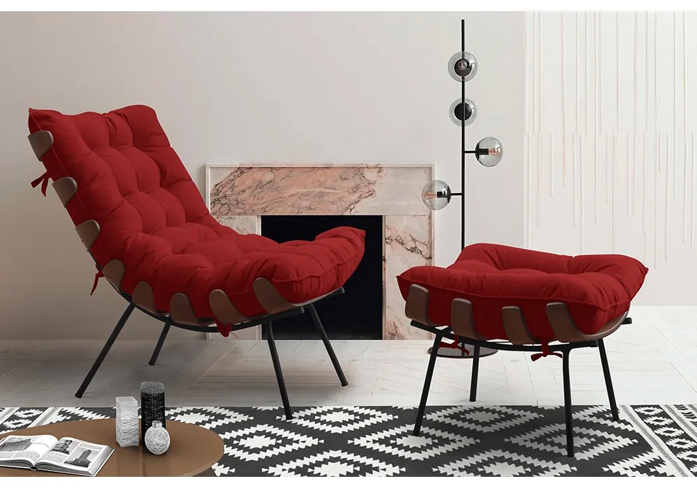 Kit 2 Puffs Decorativos Sala de Estar Abel Base de Madeira Preto Veludo Vermelho G41 - Gran Belo