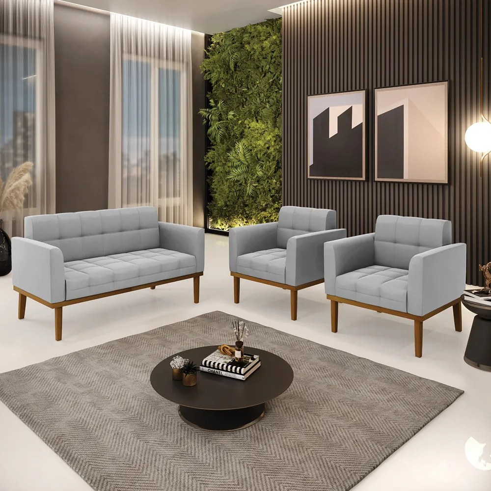 Namoradeira com 2 Poltronas Base de Madeira Castanho Elisa Suede D03 - D'Rossi - Cinza