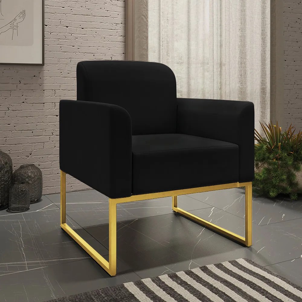 Kit 2 Poltronas Decorativas Isabella Base Industrial Suede Preto/Dourado G19