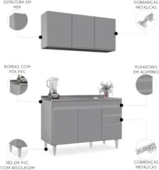 Armário Cozinha e Balcão Com Pia 120cm Michigan Cinza - Lumil