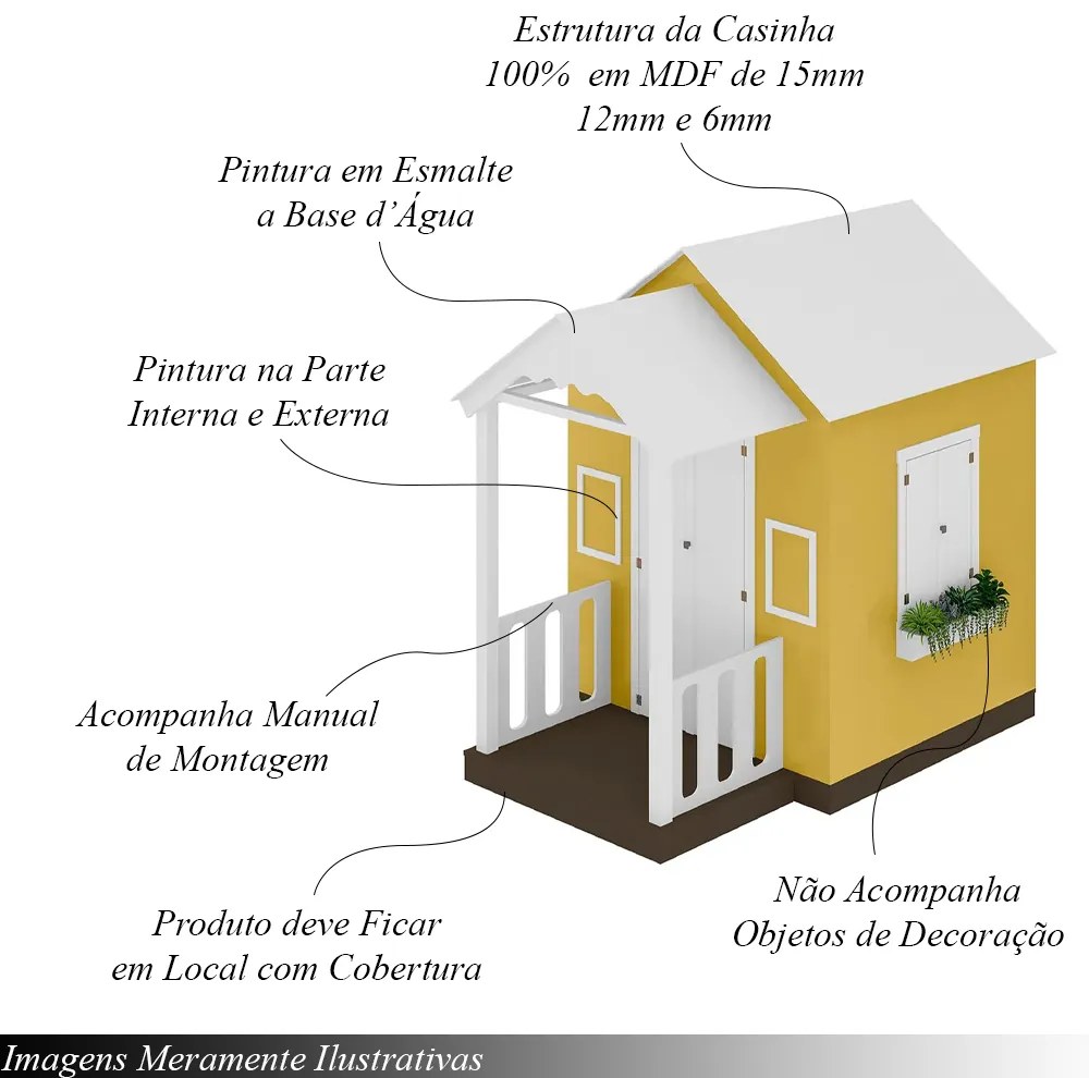 Casinha de Brinquedo MDF com Varanda c/Cerca Artesanal Branco/Amarelo L12 - Gran Belo