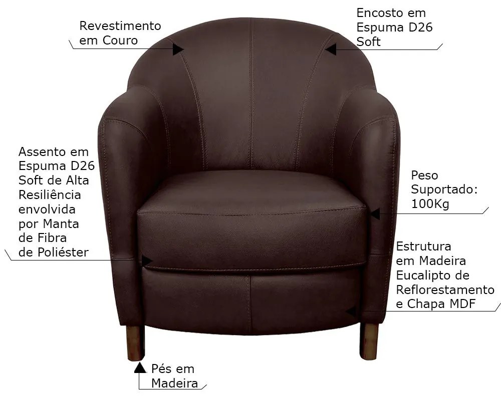 Kit 4 Poltronas Decorativas Sala de Estar Pés Madeira Kairós Couro Chocolate G03 - Gran Belo