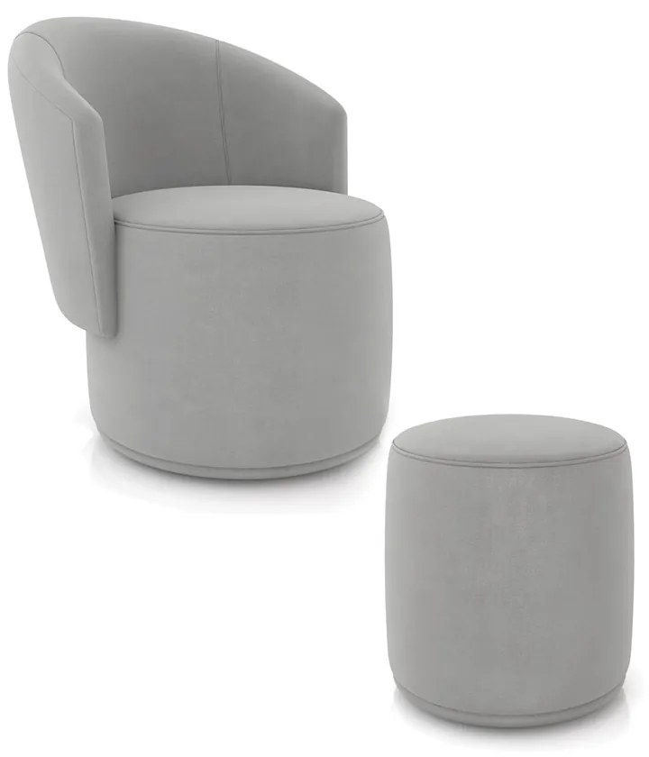 Poltrona e Puff Redondo Orgânico para Sala Malu Suede M11 - D'Rossi - Cinza