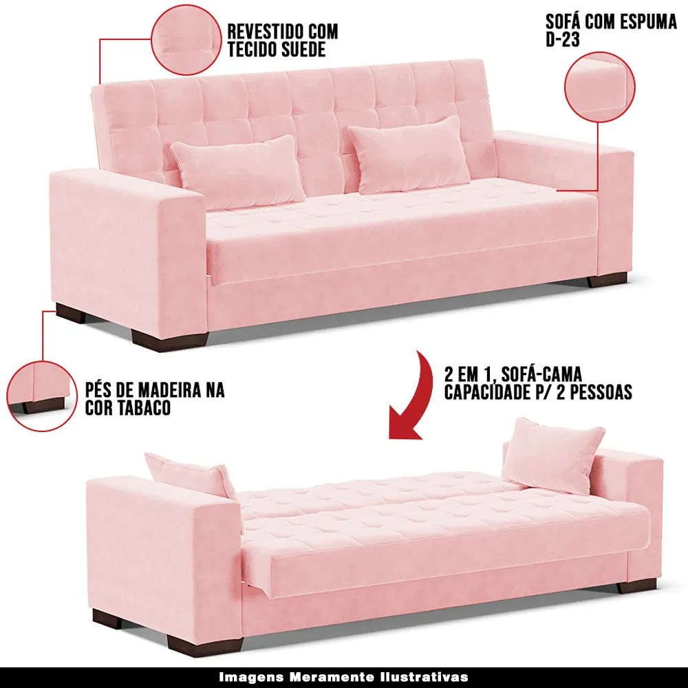 Sofá Cama Decorativo 210cm Beesley Suede Rosa G19 - Gran Belo