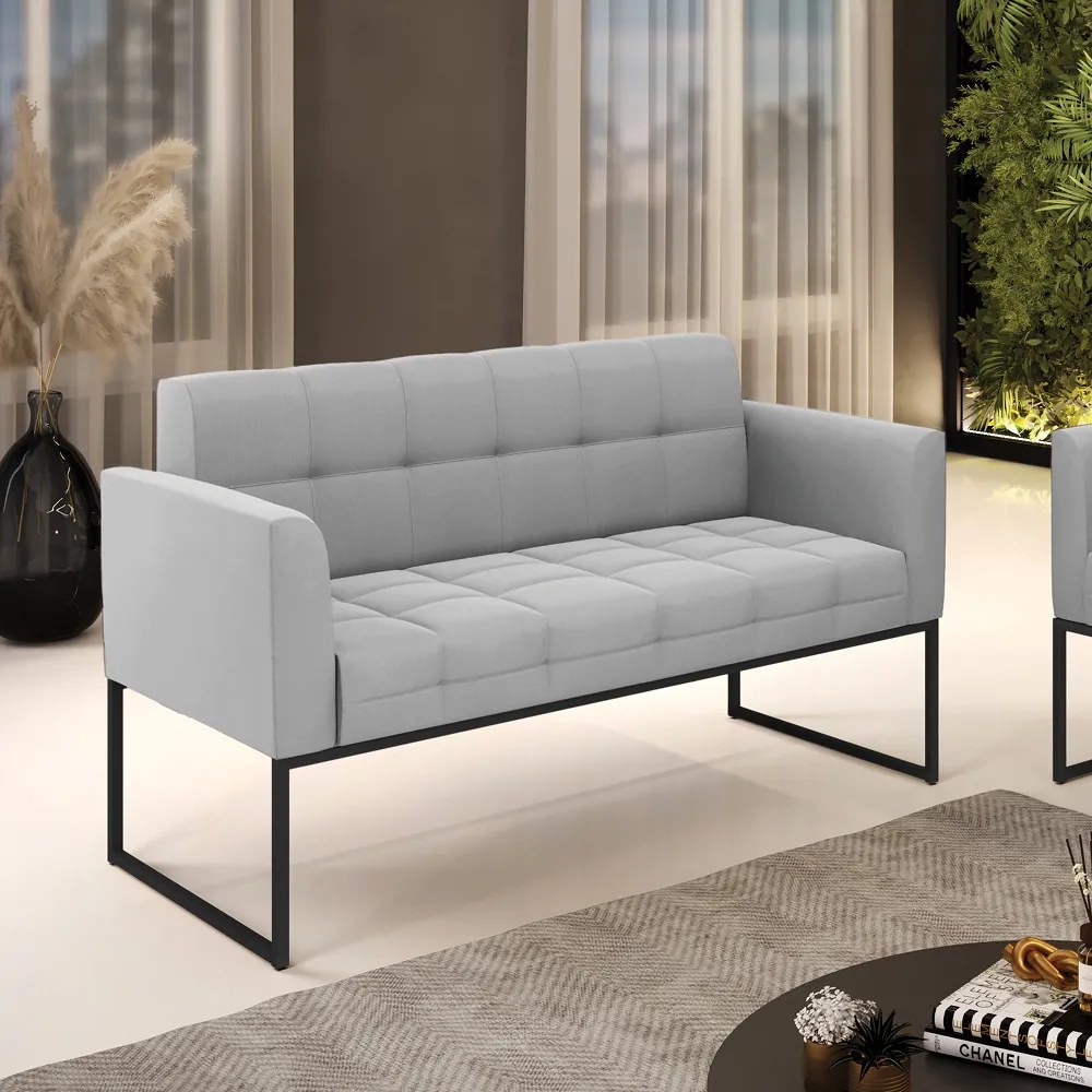 Sofá Namoradeira Elisa Suede Cinza Base Metálica Industrial Preto - D'Rossi