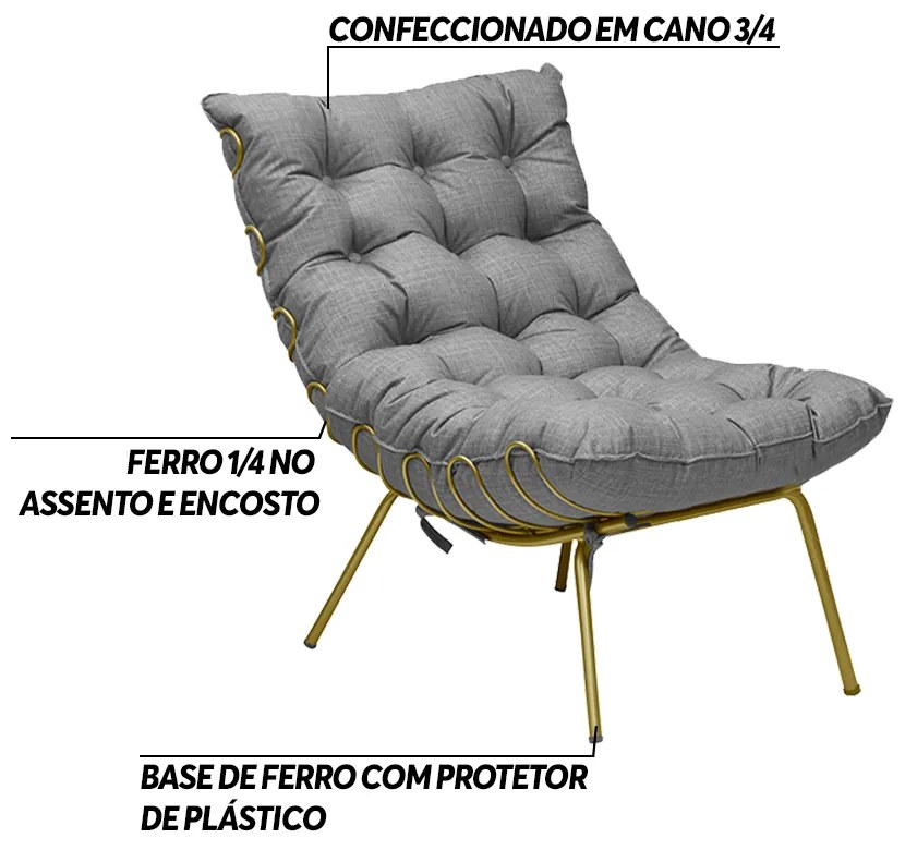 Poltrona Decorativa Sala de Estar Abel Base de Ferro Dourada Linho Cinza G41 - Gran Belo