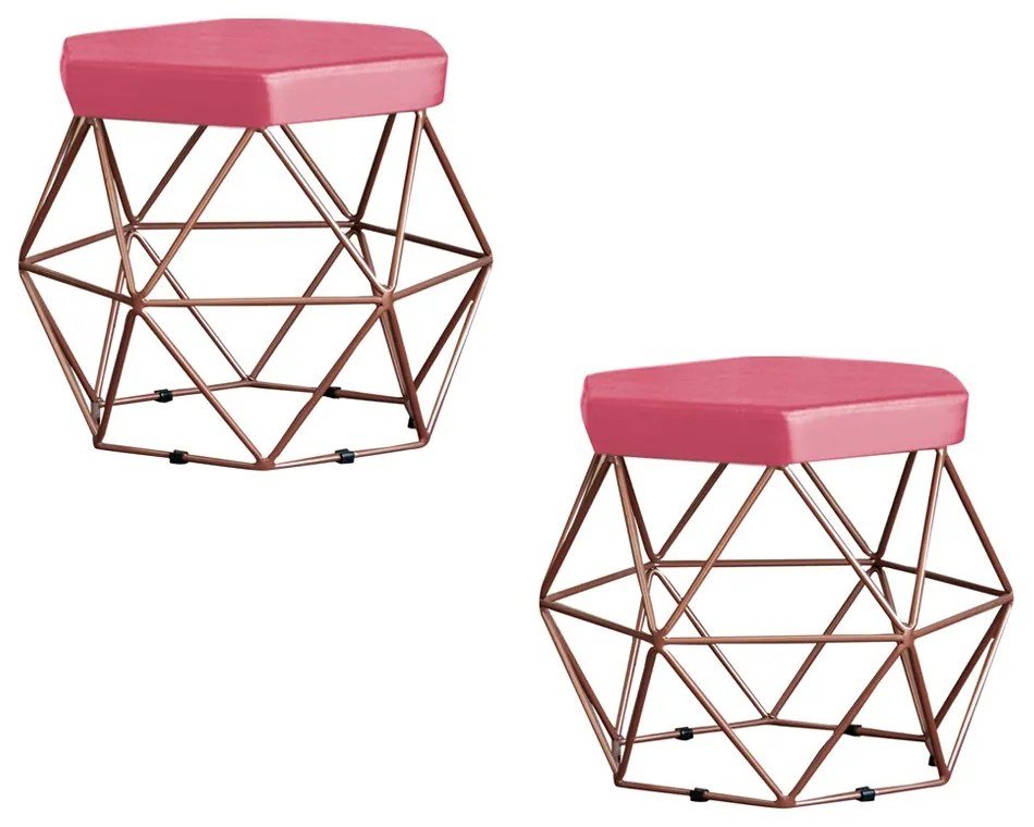 Kit 2 Puff Decorativo Base Bronze Elsa Suede Rosa G41 - Gran Belo