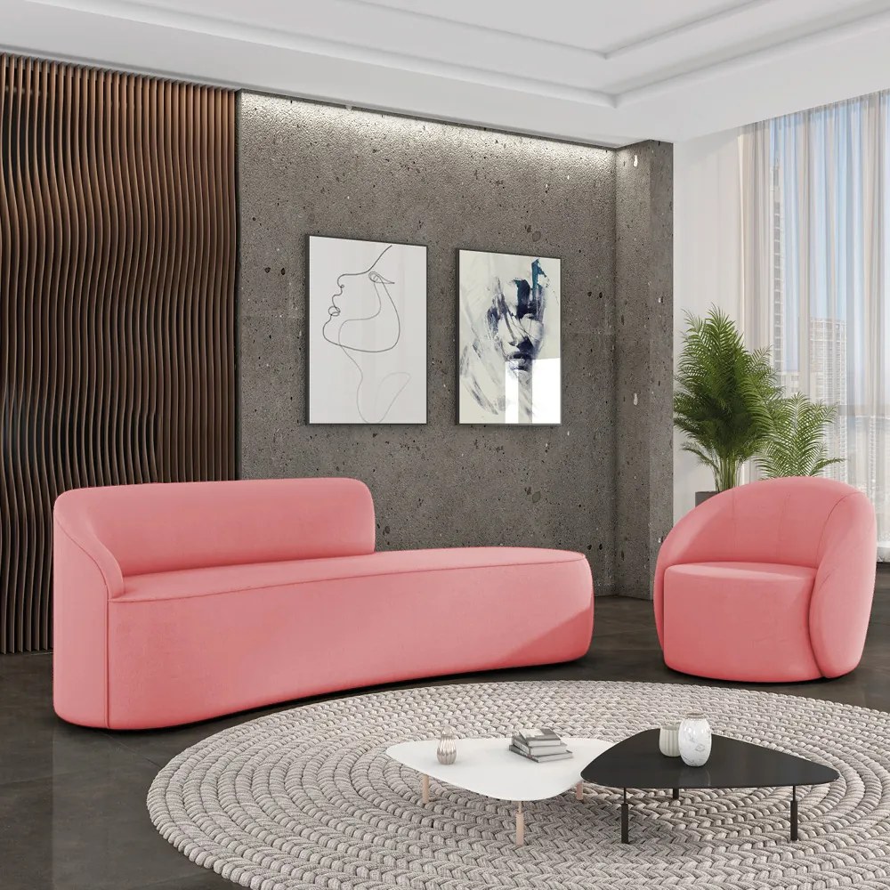 Sofá 4 Lugares Orgânico 220cm Morgan e Poltrona Lua Suede D03 - D'Rossi - Rose
