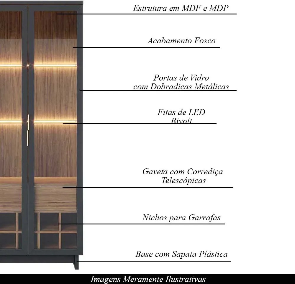 Cristaleira Decorativa com Led Tenerife G73 - Gran Belo - Preto/Noce