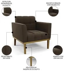 Poltrona Base Madeira Castanho Kit 2 Ana Suede Marrom - Ibiza